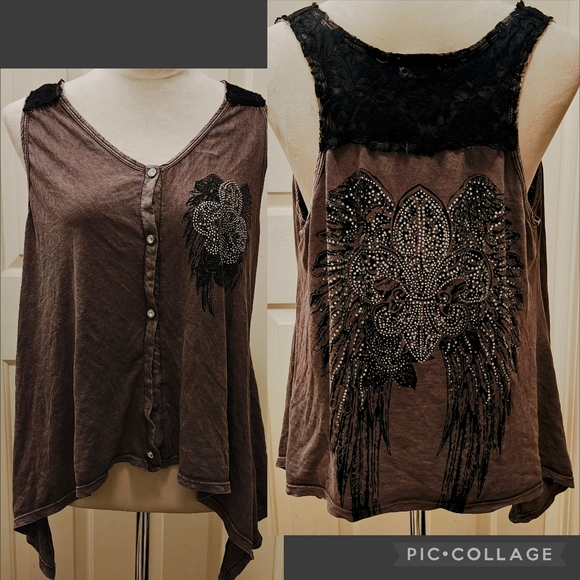 Vocal Tops - Y2K Vocal Grunge Rhinestone Fleur de lis & Angel Wings w Lace Detail Tank Top